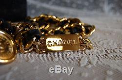 Chanel Gold CC Medallion Coin waist chain belt with black Leather one size