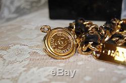Chanel Gold CC Medallion Coin waist chain belt with black Leather one size