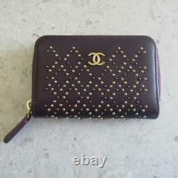 Chanel Purple Lambskin Gold Silver Studs Zip Card Holder Wallet O-Coin Purse