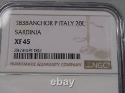 Choice XF GOLD 1838 Anchor P 20 LIRE Sardinia Italy AGW. 1867 troy oz NGC XF45