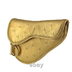 Christian Dior Saddle Coin Card Case Gold Ostrich Leather Italy Auth #OO729 O