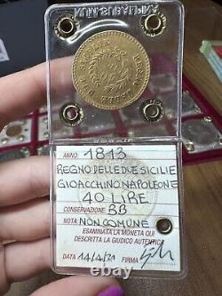 Coin Gold Kingdom Two Sicilies Joachim Napoleon 40 Livres 1813 Nc Sealed BB