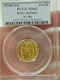 Crusader States Achaia. Robert D'Angio gold Zecchino (1346-64) MS63