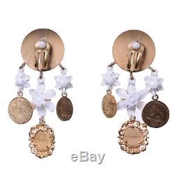 DOLCE & GABBANA RUNWAY Coins Flowers Monete e Fiori Clips Earrings Gold White 05