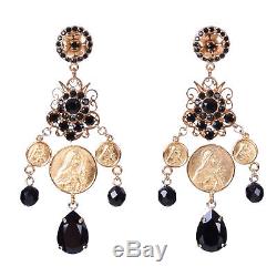 DOLCE & GABBANA RUNWAY Madonna Pizzo Nero Crystal Clips Coins Earrings Gold 0547