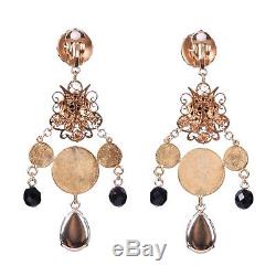 DOLCE & GABBANA RUNWAY Madonna Pizzo Nero Crystal Clips Coins Earrings Gold 0547