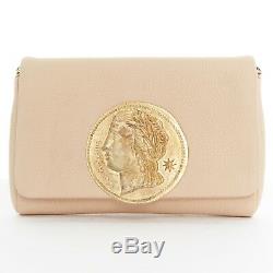 DOLCE GABBANA gold roman coin flap front tan leather clutch crossbody small bag