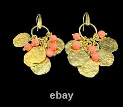 Designer Bronzallure Earrings Italy Hammered Gold Plated Coins Pink Dangle Beads