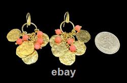 Designer Bronzallure Earrings Italy Hammered Gold Plated Coins Pink Dangle Beads