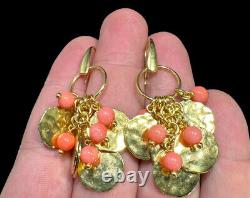 Designer Bronzallure Earrings Italy Hammered Gold Plated Coins Pink Dangle Beads