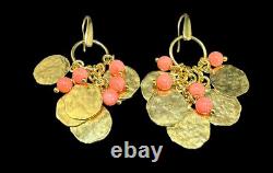 Designer Bronzallure Earrings Italy Hammered Gold Plated Coins Pink Dangle Beads