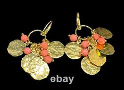 Designer Bronzallure Earrings Italy Hammered Gold Plated Coins Pink Dangle Beads