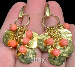 Designer Bronzallure Earrings Italy Hammered Gold Plated Coins Pink Dangle Beads