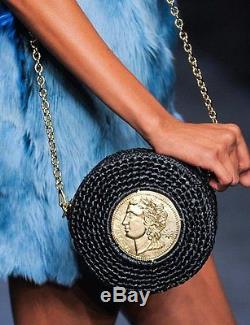 Dolce & Gabbana Miss Glam Black Gold Tone Coin Round Raffia Shoulder Bag Clutch