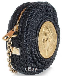 Dolce & Gabbana Miss Glam Black Gold Tone Coin Round Raffia Shoulder Bag Clutch