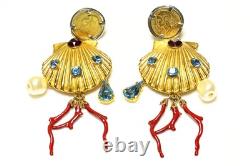 Dolce and Gabbana Gold Plated Pearl Blue Crystal Shell Coin Earrings