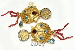 Dolce and Gabbana Gold Plated Pearl Blue Crystal Shell Coin Earrings