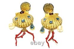Dolce and Gabbana Gold Plated Pearl Blue Crystal Shell Coin Earrings