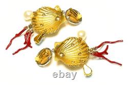 Dolce and Gabbana Gold Plated Pearl Blue Crystal Shell Coin Earrings
