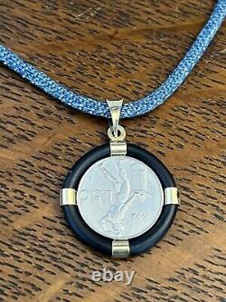 ESTATE MILOR REPVBBLICA ITALIANA LIRA COIN With14 K GOLD BLUE CORDED NECKLACE