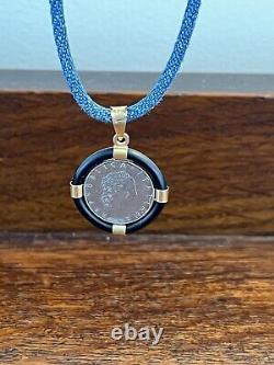ESTATE MILOR REPVBBLICA ITALIANA LIRA COIN With14 K GOLD BLUE CORDED NECKLACE