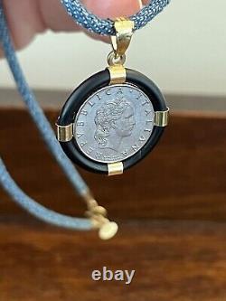 ESTATE MILOR REPVBBLICA ITALIANA LIRA COIN With14 K GOLD BLUE CORDED NECKLACE