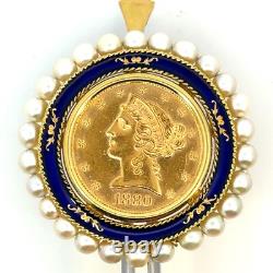 Estate Antique 1880 1/2 Eagle $5 Gold Coin 18K Italy Gold Pearl Pendant/Pin J413