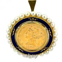 Estate Antique 1880 1/2 Eagle $5 Gold Coin 18K Italy Gold Pearl Pendant/Pin J413