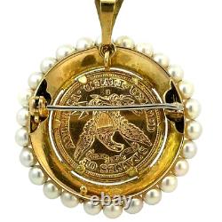Estate Antique 1880 1/2 Eagle $5 Gold Coin 18K Italy Gold Pearl Pendant/Pin J413