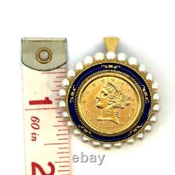 Estate Antique 1880 1/2 Eagle $5 Gold Coin 18K Italy Gold Pearl Pendant/Pin J413