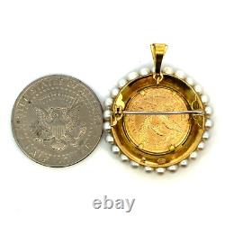 Estate Antique 1880 1/2 Eagle $5 Gold Coin 18K Italy Gold Pearl Pendant/Pin J413