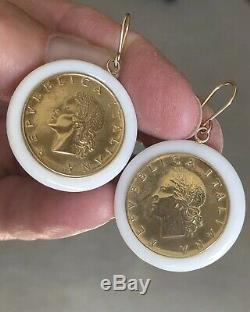 Estate Italian Milor 20 Lire Coin White Agate 14K Solid Yellow Gold Earrings New