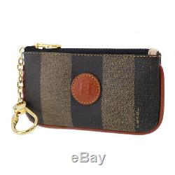 FENDI Pequin Striped Coin Key Case Brown Black Gold PVC Italy Authentic #LL970 S