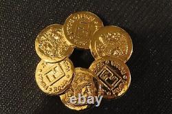 Fendi Roma Italy designer gold plated monogram coin brooch pin