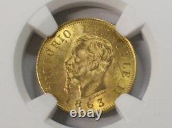 GOLD 1863T BN Italy 10 Lire NGC MS-63 KM# 9.2 SN1173