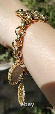 GOLD Charm Bracelet with 2 French Bullion Coins (24k) 14k Chain & Bezels Total 42g