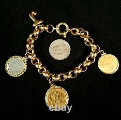 GOLD Charm Bracelet with 2 French Bullion Coins (24k) 14k Chain & Bezels Total 42g