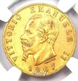 Gold 1867 Italy Vittorio Emanuele II 20 Lire Gold Coin G20L Certified NGC AU58
