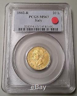 Gold 1882-R Italy 20 Lire PCGS MS63 Rare Scarce Uncirculated UNC Rome Roman Coin