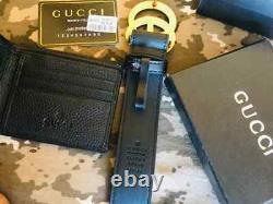 Gucci Men Bifold Wallet & Gucci GG Belt Genuine Gold Buckle Black Leather
