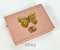Gucci Women Auth Pale Pink Leather Butterfly Wallet Card Slots Coin Purse MINT