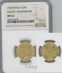 ITALY 1923 gold 20 Lire Vittorio Emanuele NGC MS62