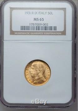 Italy 1931-r Yr. X 50 Lire Gem Uncirculated Gold Coin, Ngc Certified Ngc Ms65