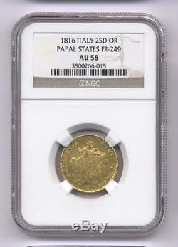 Italy Papal States 1816 Doppia Gold Coin, Almost Uncirculated Certified Ngc Au58