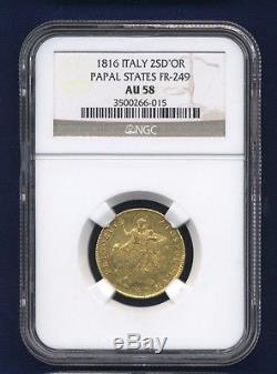 Italy Papal States 1816 Doppia Gold Coin, Almost Uncirculated Certified Ngc Au58