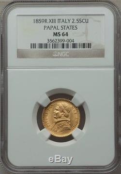 Italy Papal States 1859 2 1/2 Scudi Gold Coin Uncirculated Certified Ngc Ms64