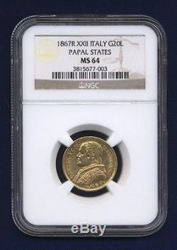 Italy Papal States 1867 20 Lire Gold Coin Choice Uncirculated Certified Ngc Ms64