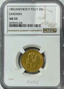 ITALY SARDINIA, GOLD 20 FRANCS 1852 ANCHOR P NGC AU53 with Traces of Luster