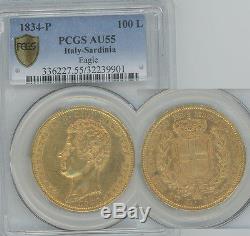 ITALY Sardinia 1834-P. 93 oz gold 100 Lire Carlo Alberto PCGS AU55
