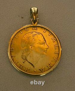 Italian 200 Lire Coin in 14k Solid Yellow Gold Bezel Pendant for Necklace